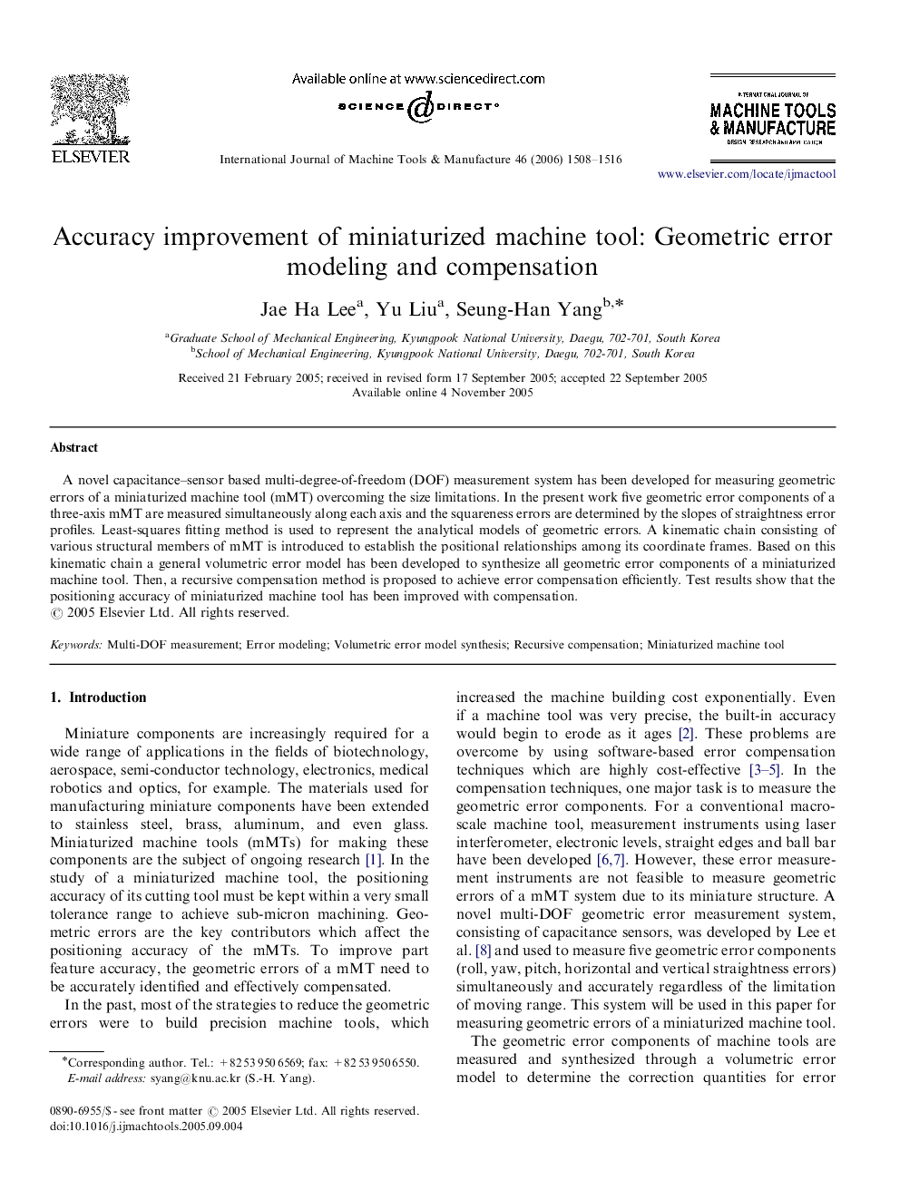 Accuracy improvement of miniaturized machine tool: Geometric error modeling and compensation