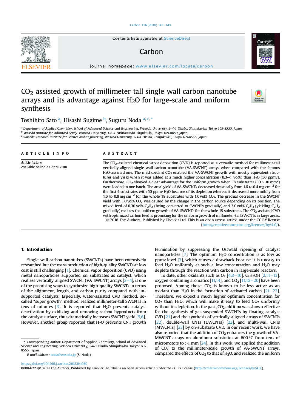 CO2-assisted growth of millimeter-tall single-wall carbon nanotube arrays and its advantage against H2O for large-scale and uniform synthesis