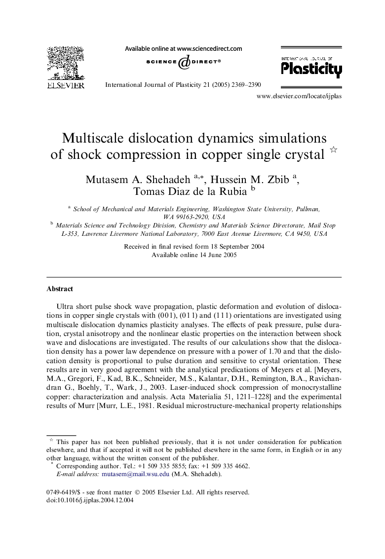 Multiscale dislocation dynamics simulations of shock compression in copper single crystal 