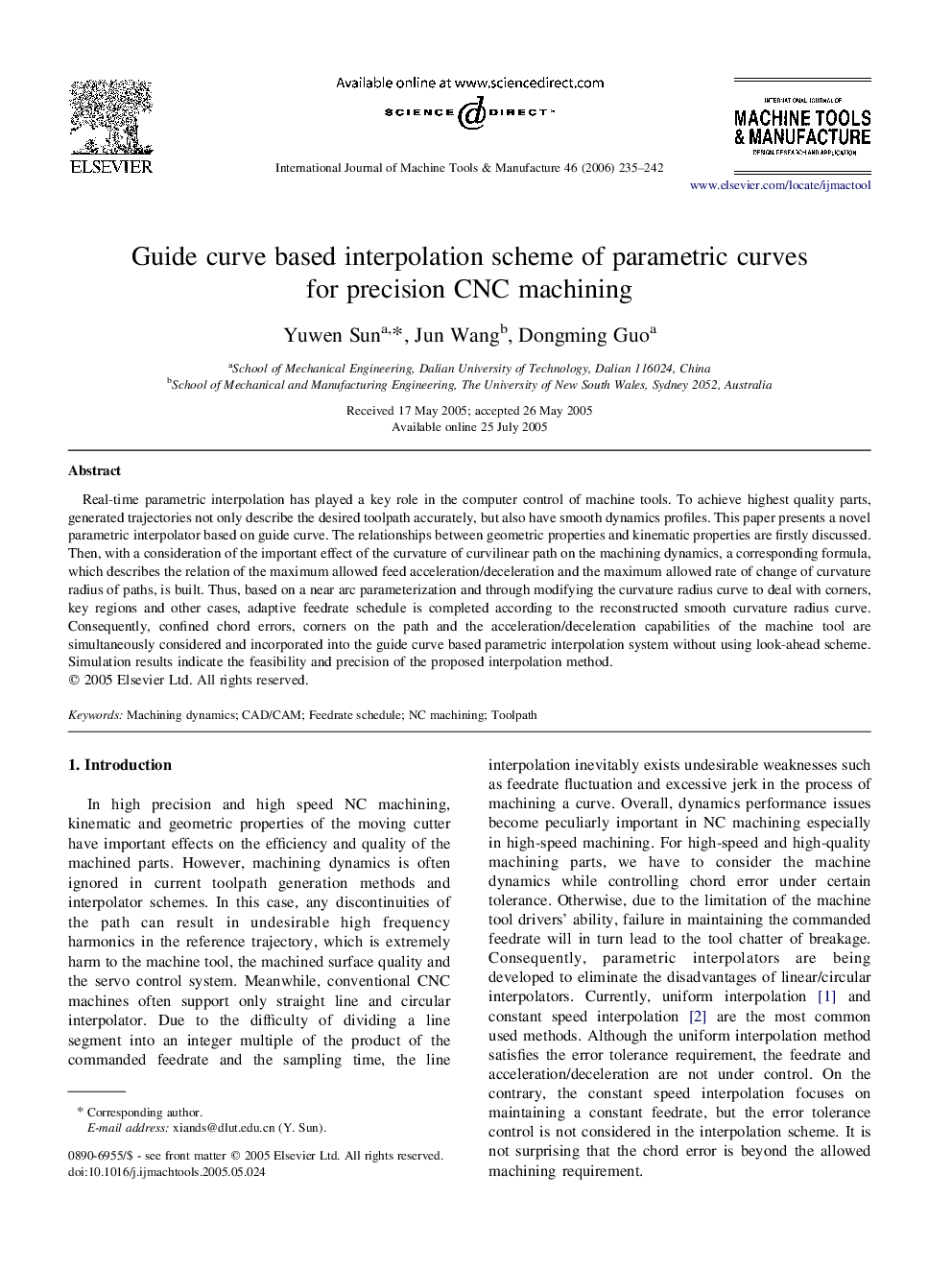 Guide curve based interpolation scheme of parametric curves for precision CNC machining