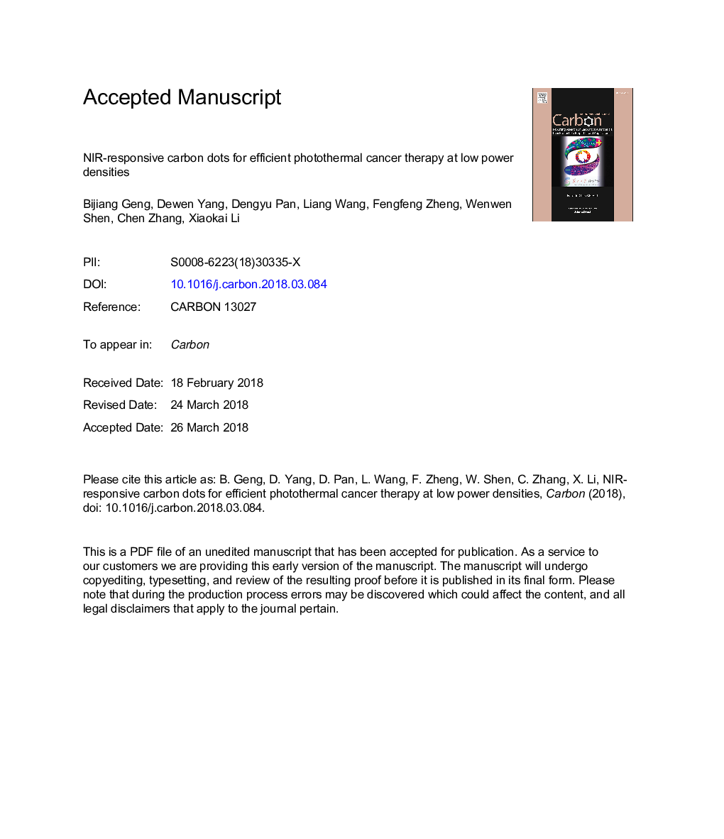 عکس صفحه اول مقاله: NIR-responsive carbon dots for efficient photothermal cancer therapy at low power densities NIR-responsive carbon dots for efficient photothermal cancer therapy at low power densities