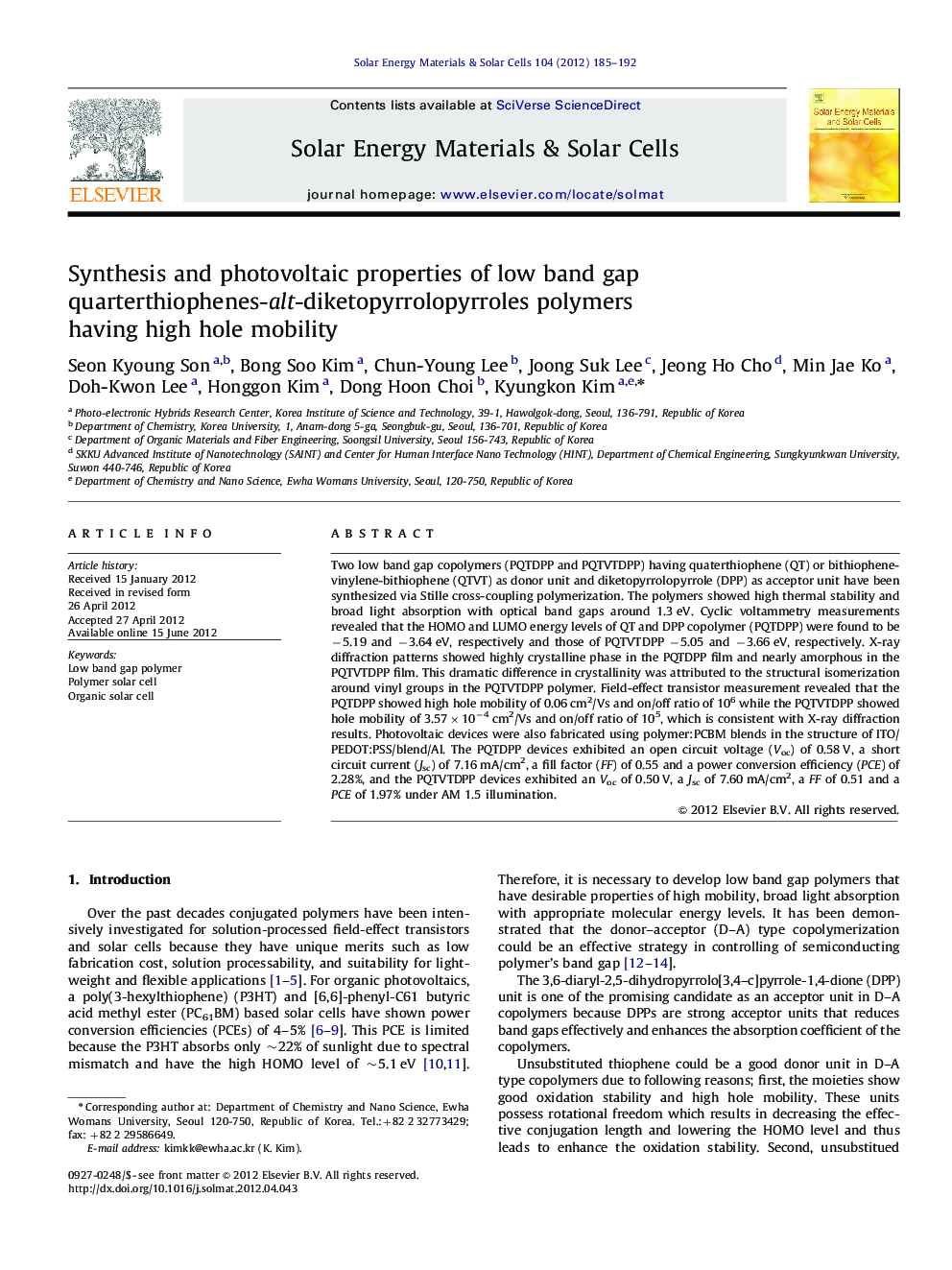 Synthesis and photovoltaic properties of low band gap quarterthiophenes-alt-diketopyrrolopyrroles polymers having high hole mobility