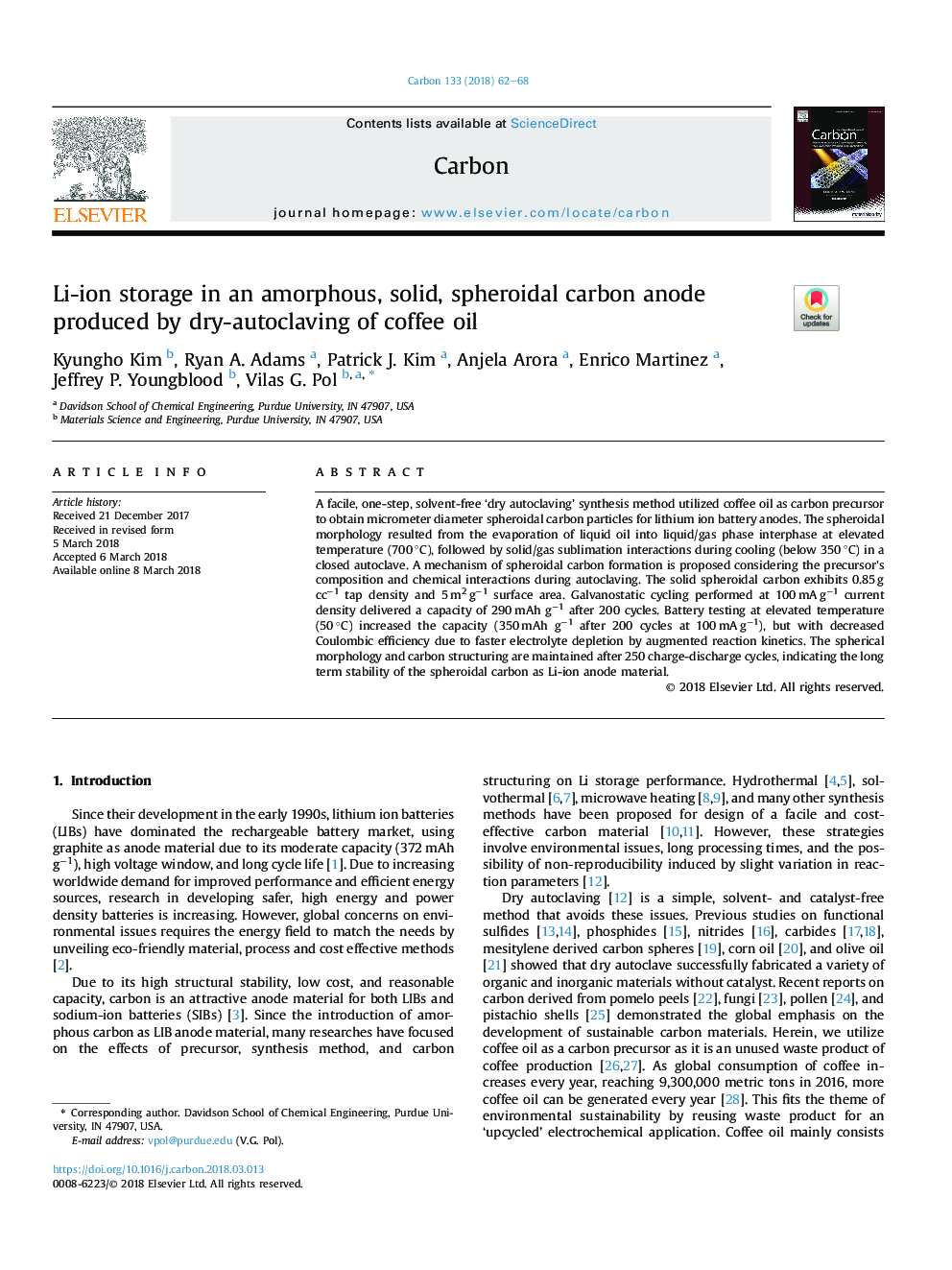 Li-ion storage in an amorphous, solid, spheroidal carbon anode produced by dry-autoclaving of coffee oil