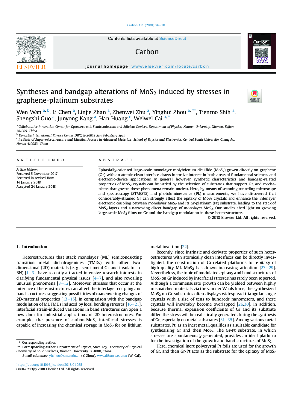 عکس صفحه اول مقاله: Syntheses and bandgap alterations of MoS2 induced by stresses in graphene-platinum substrates Syntheses and bandgap alterations of MoS2 induced by stresses in graphene-platinum substrates