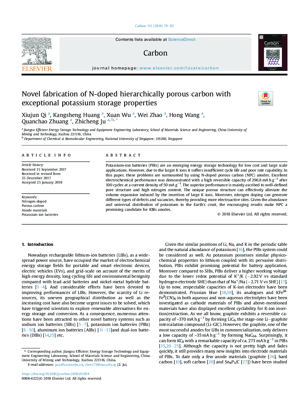 Novel fabrication of N-doped hierarchically porous carbon with exceptional potassium storage properties