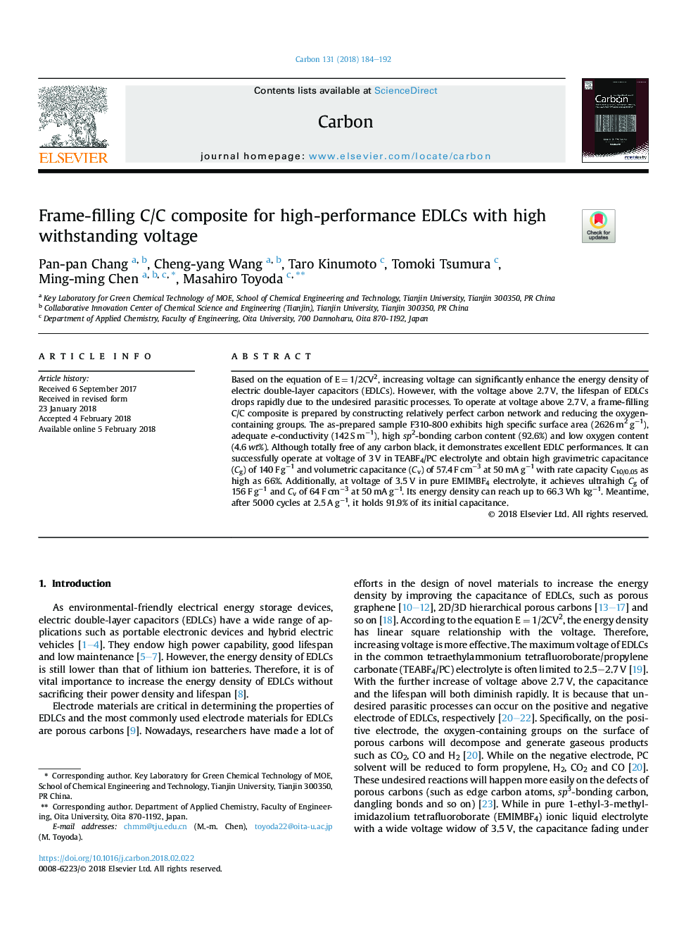 عکس صفحه اول مقاله: Frame-filling C/C composite for high-performance EDLCs with high withstanding voltage Frame-filling C/C composite for high-performance EDLCs with high withstanding voltage