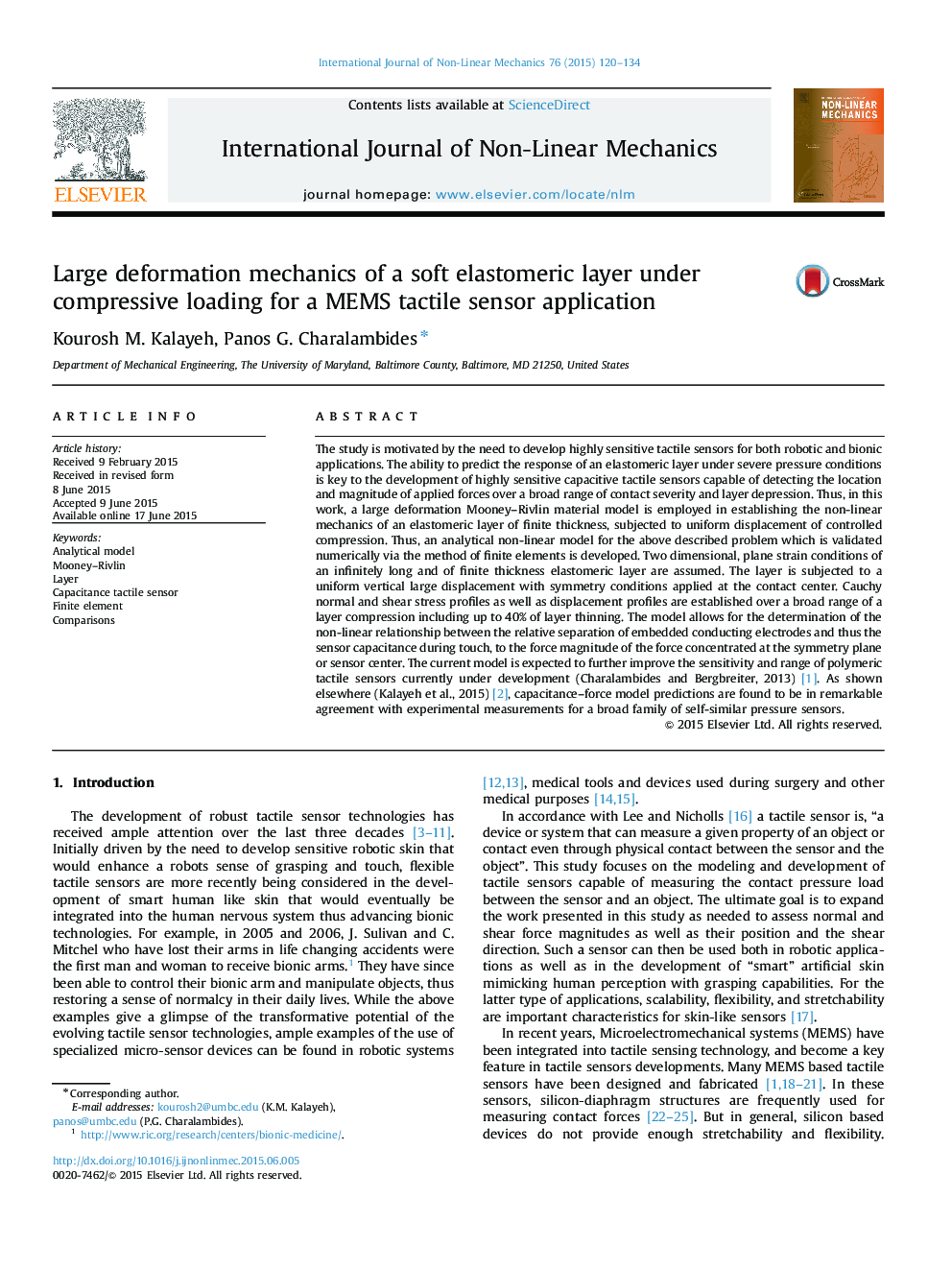 عکس صفحه اول مقاله: Large deformation mechanics of a soft elastomeric layer under compressive loading for a MEMS tactile sensor application Large deformation mechanics of a soft elastomeric layer under compressive loading for a MEMS tactile sensor application