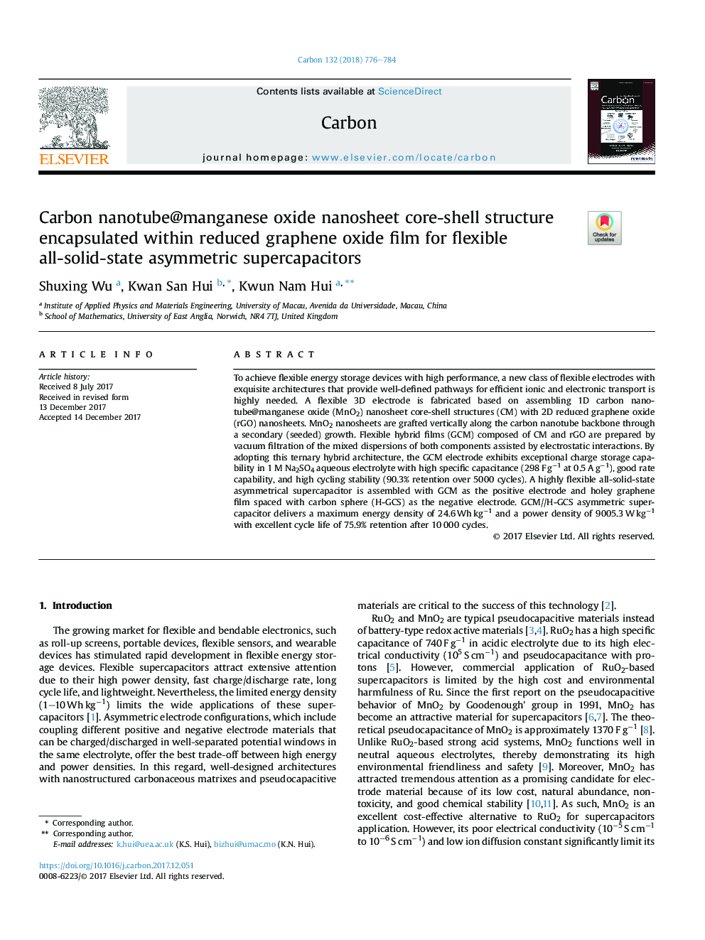 Carbon nanotube@manganese oxide nanosheet core-shell structure encapsulated within reduced graphene oxide film for flexible all-solid-state asymmetric supercapacitors