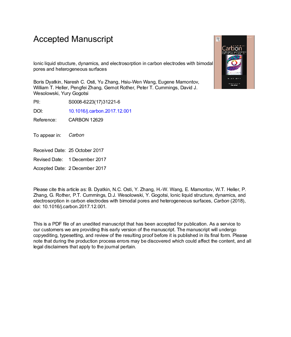 Ionic liquid structure, dynamics, and electrosorption in carbon electrodes with bimodal pores and heterogeneous surfaces