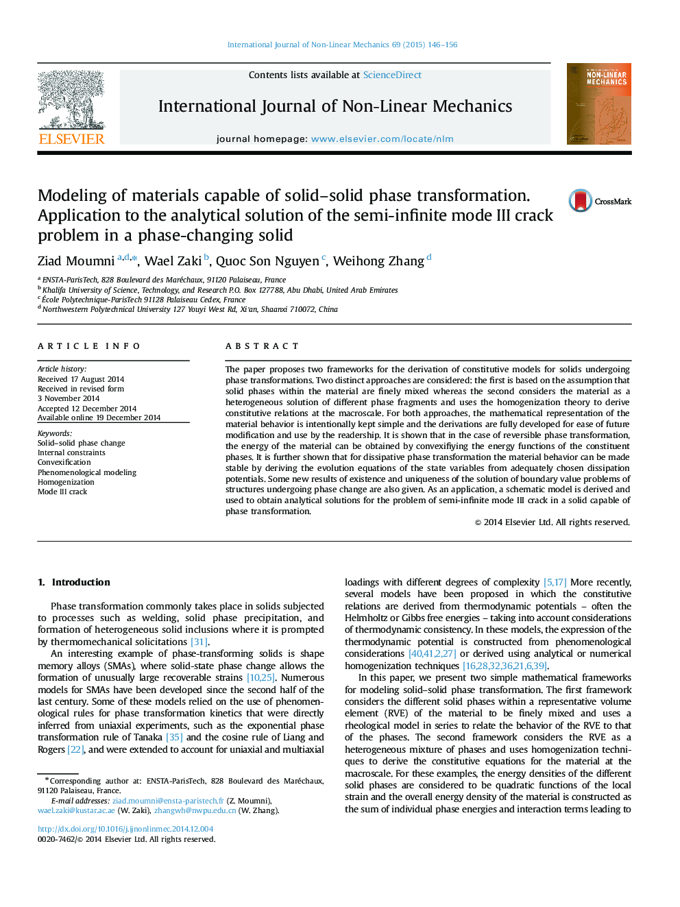 Modeling of materials capable of solid–solid phase transformation. Application to the analytical solution of the semi-infinite mode III crack problem in a phase-changing solid