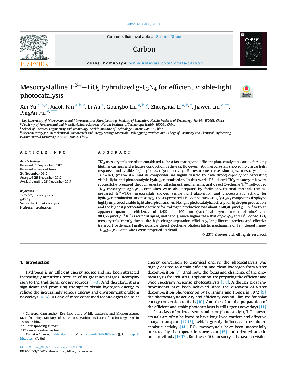 Mesocrystalline Ti3+TiO2 hybridized g-C3N4 for efficient visible-light photocatalysis