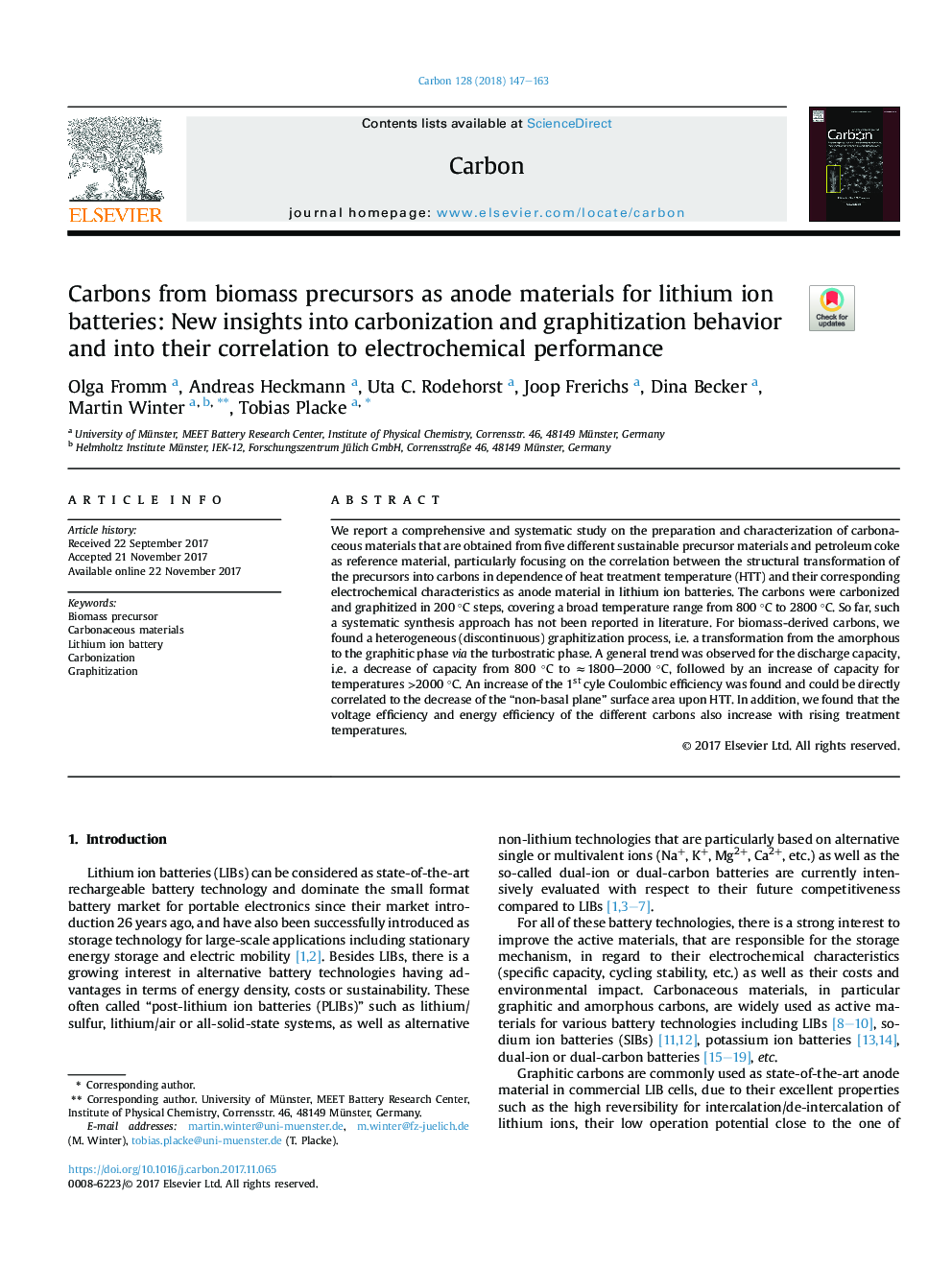 Carbons from biomass precursors as anode materials for lithium ion batteries: New insights into carbonization and graphitization behavior and into their correlation to electrochemical performance