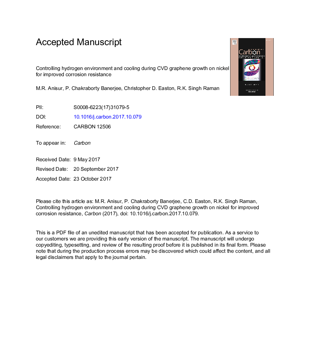 Controlling hydrogen environment and cooling during CVD graphene growth on nickel for improved corrosion resistance