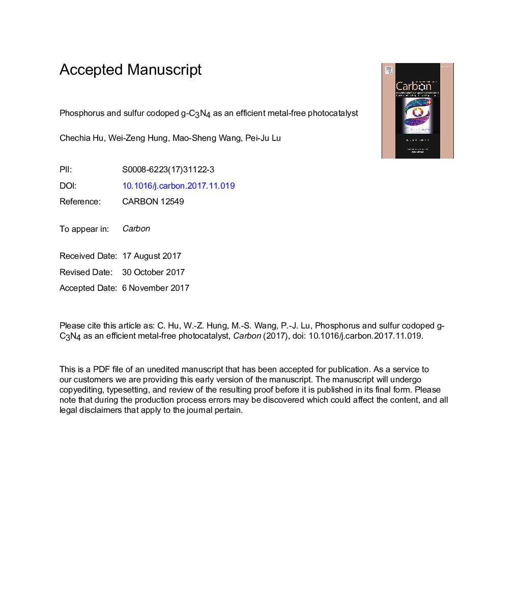 Phosphorus and sulfur codoped g-C3N4 as an efficient metal-free photocatalyst