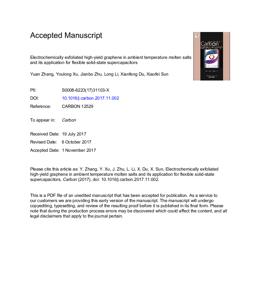 Electrochemically exfoliated high-yield graphene in ambient temperature molten salts and its application for flexible solid-state supercapacitors