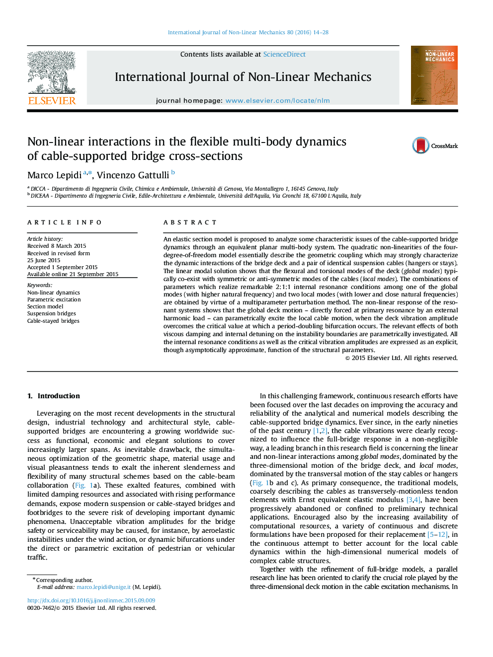 Non-linear interactions in the flexible multi-body dynamics of cable-supported bridge cross-sections