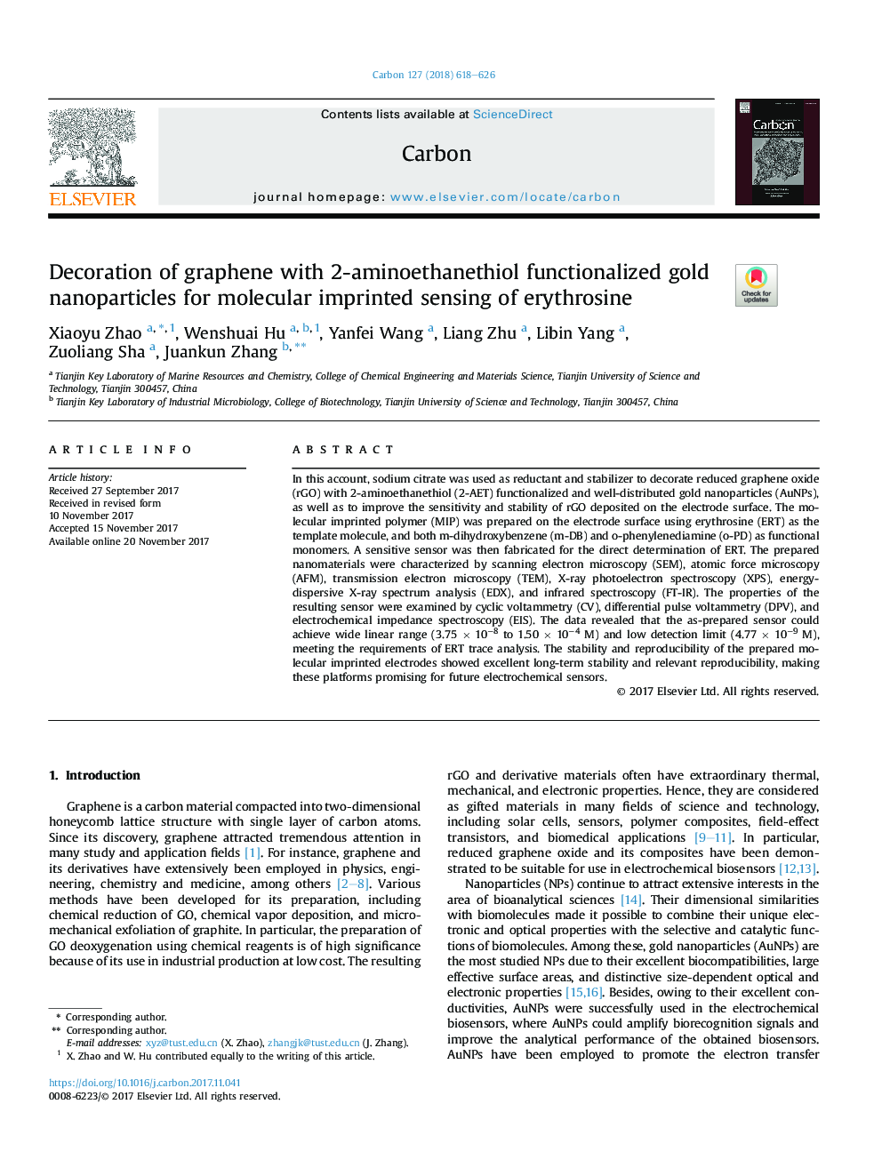 Decoration of graphene with 2-aminoethanethiol functionalized gold nanoparticles for molecular imprinted sensing of erythrosine