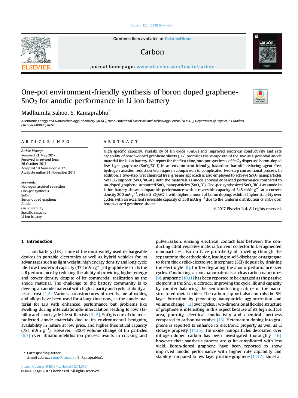 One-pot environment-friendly synthesis of boron doped graphene-SnO2 for anodic performance in Li ion battery