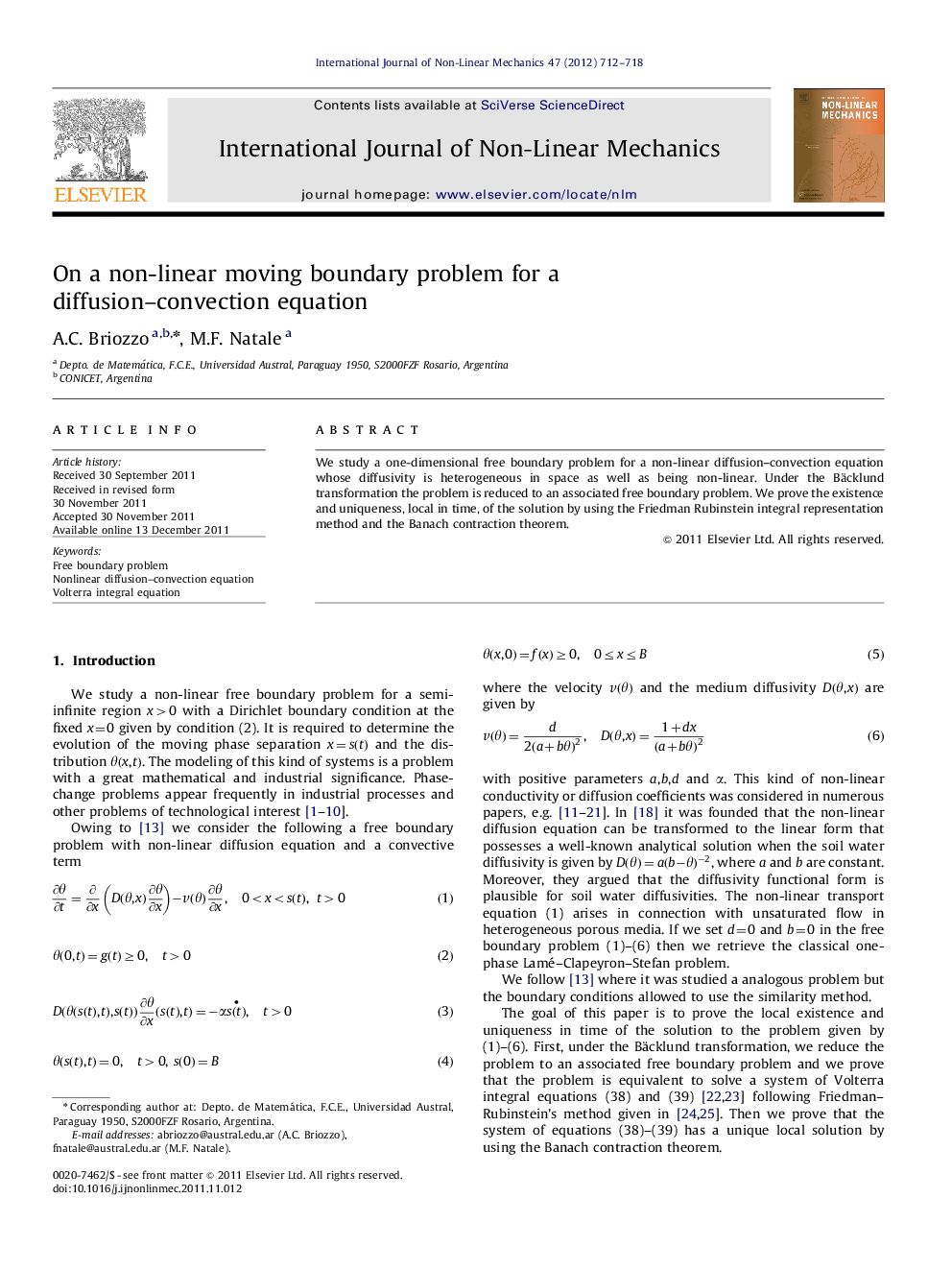 On a non-linear moving boundary problem for a diffusion–convection equation