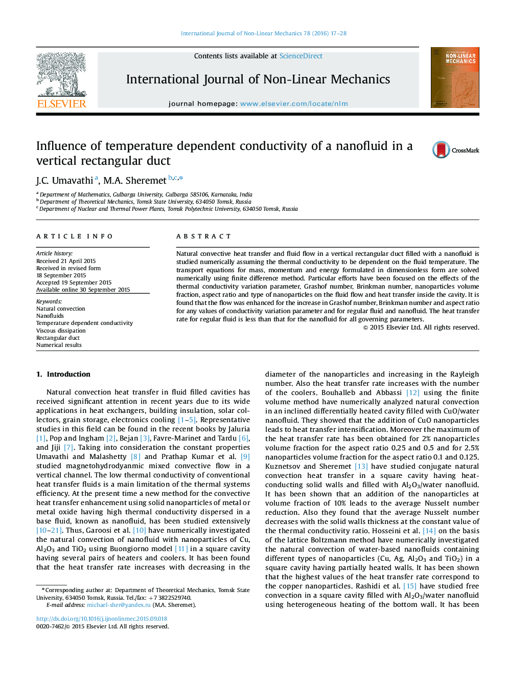 Influence of temperature dependent conductivity of a nanofluid in a vertical rectangular duct