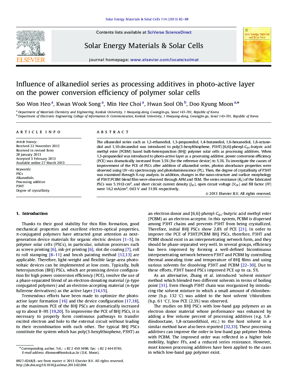 Influence of alkanediol series as processing additives in photo-active layer on the power conversion efficiency of polymer solar cells