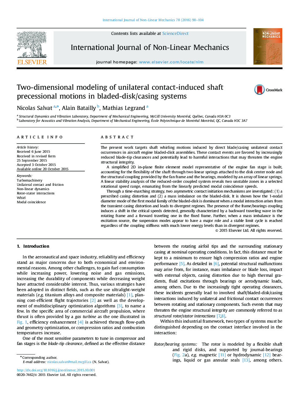 Two-dimensional modeling of unilateral contact-induced shaft precessional motions in bladed-disk/casing systems