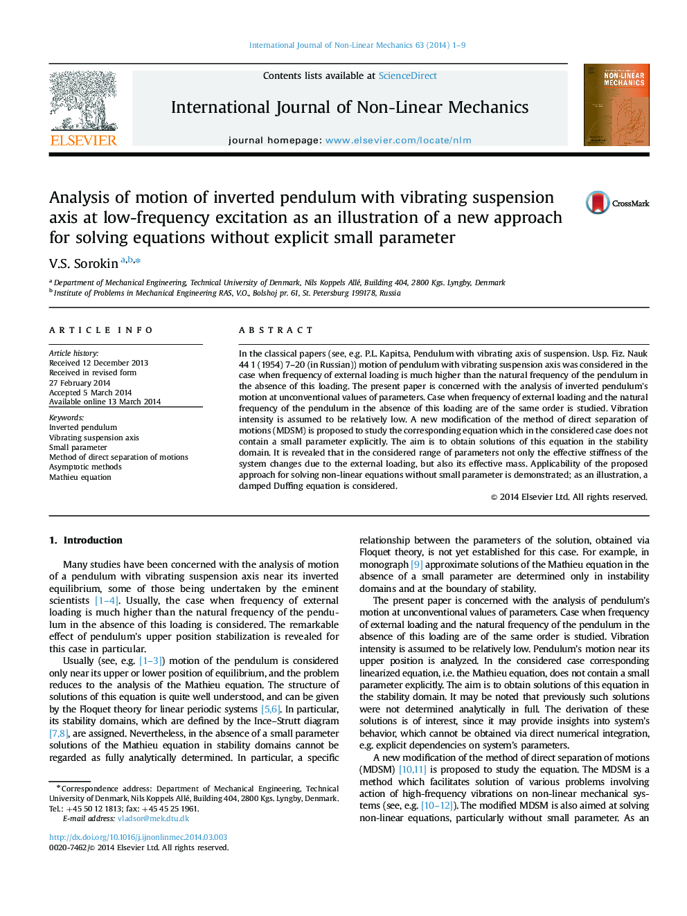 Analysis of motion of inverted pendulum with vibrating suspension axis at low-frequency excitation as an illustration of a new approach for solving equations without explicit small parameter