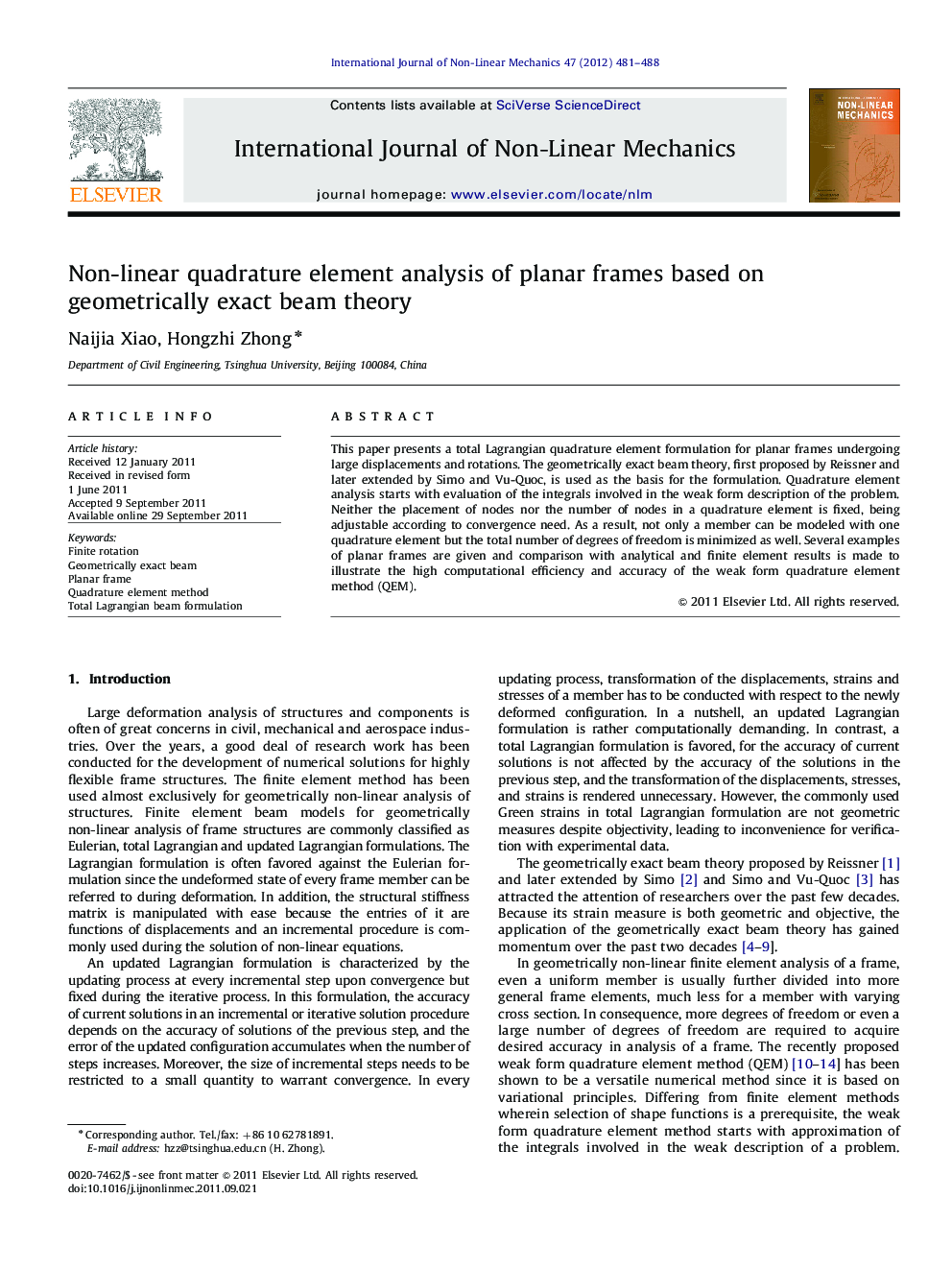 Non-linear quadrature element analysis of planar frames based on geometrically exact beam theory