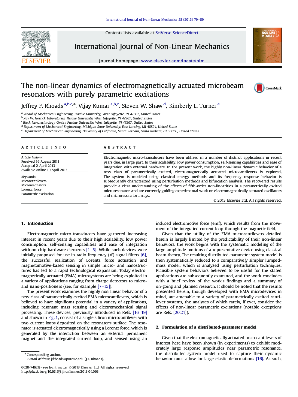عکس صفحه اول مقاله: The non-linear dynamics of electromagnetically actuated microbeam resonators with purely parametric excitations The non-linear dynamics of electromagnetically actuated microbeam resonators with purely parametric excitations