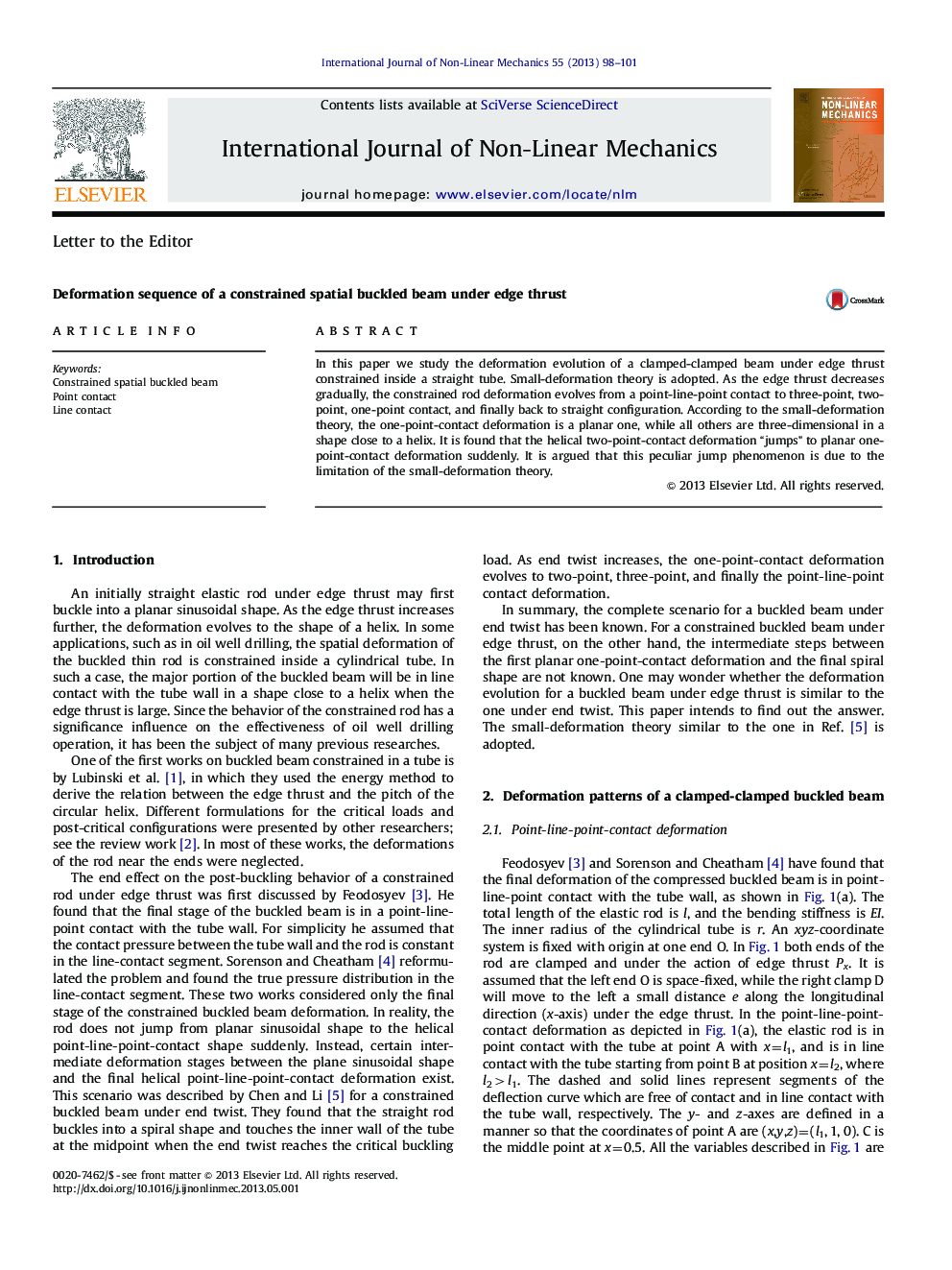 Deformation sequence of a constrained spatial buckled beam under edge thrust