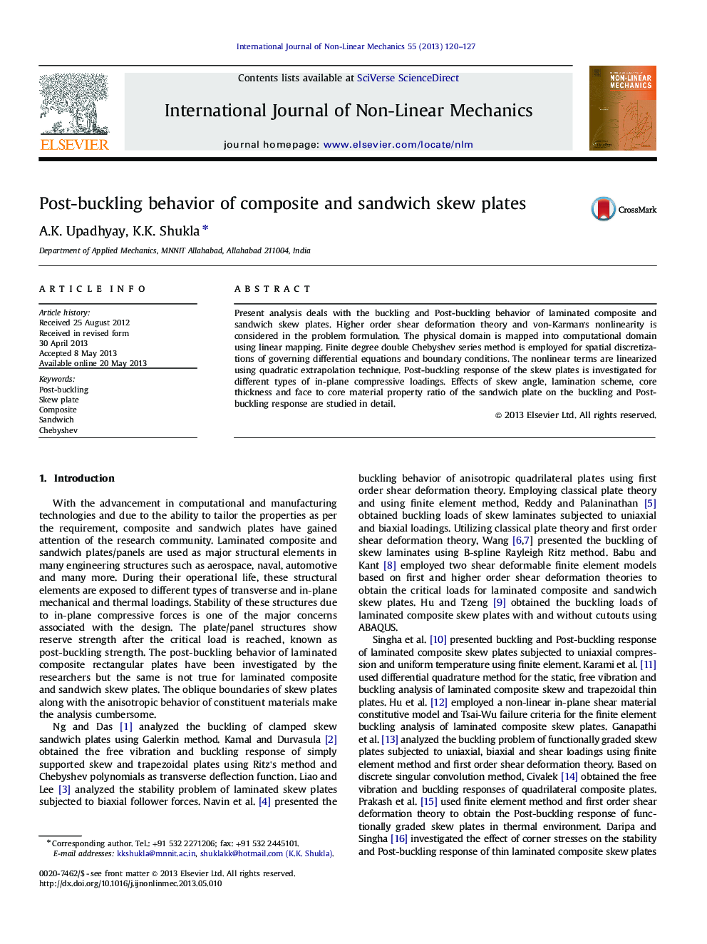 Post-buckling behavior of composite and sandwich skew plates