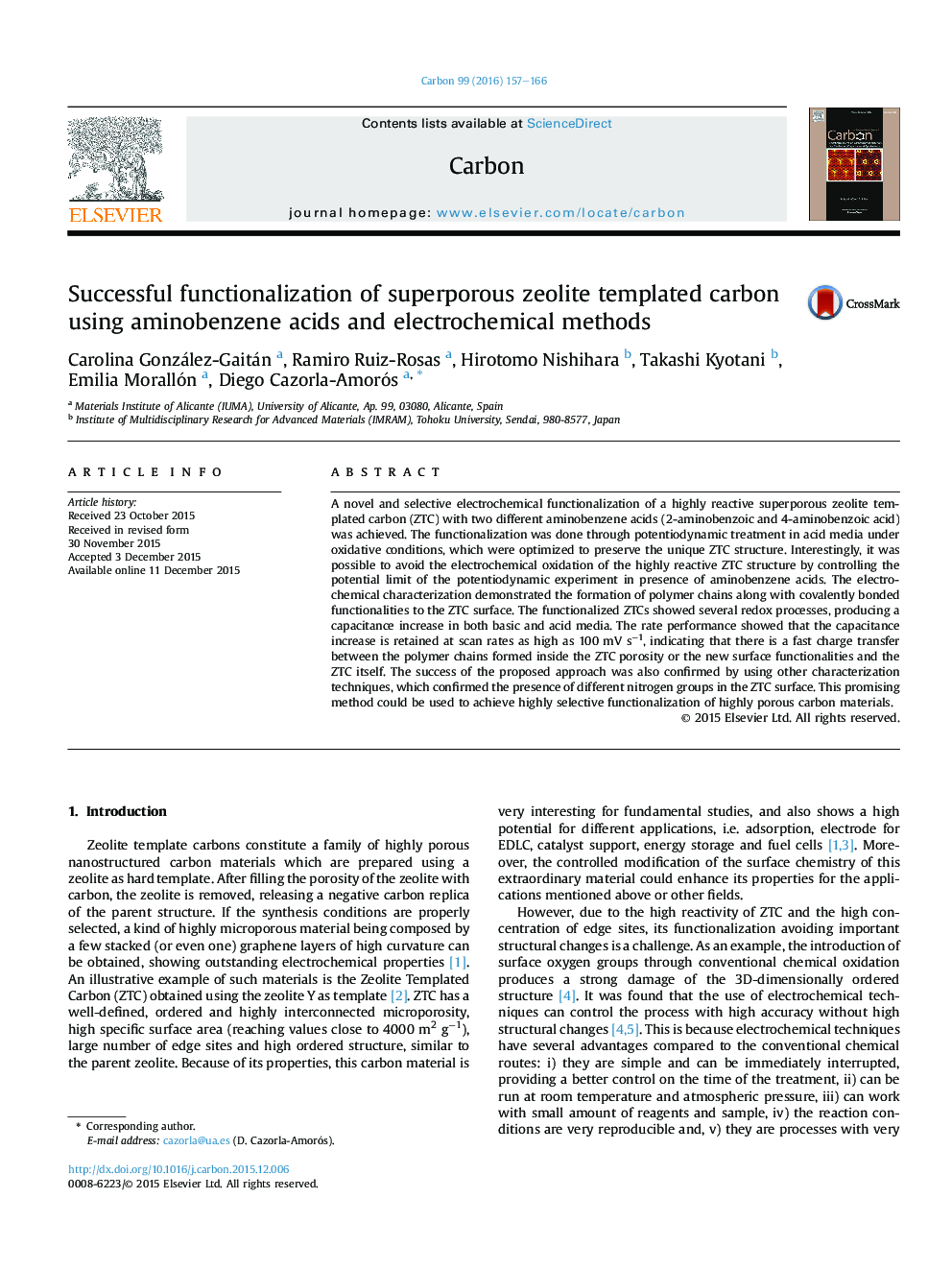 Successful functionalization of superporous zeolite templated carbon using aminobenzene acids and electrochemical methods