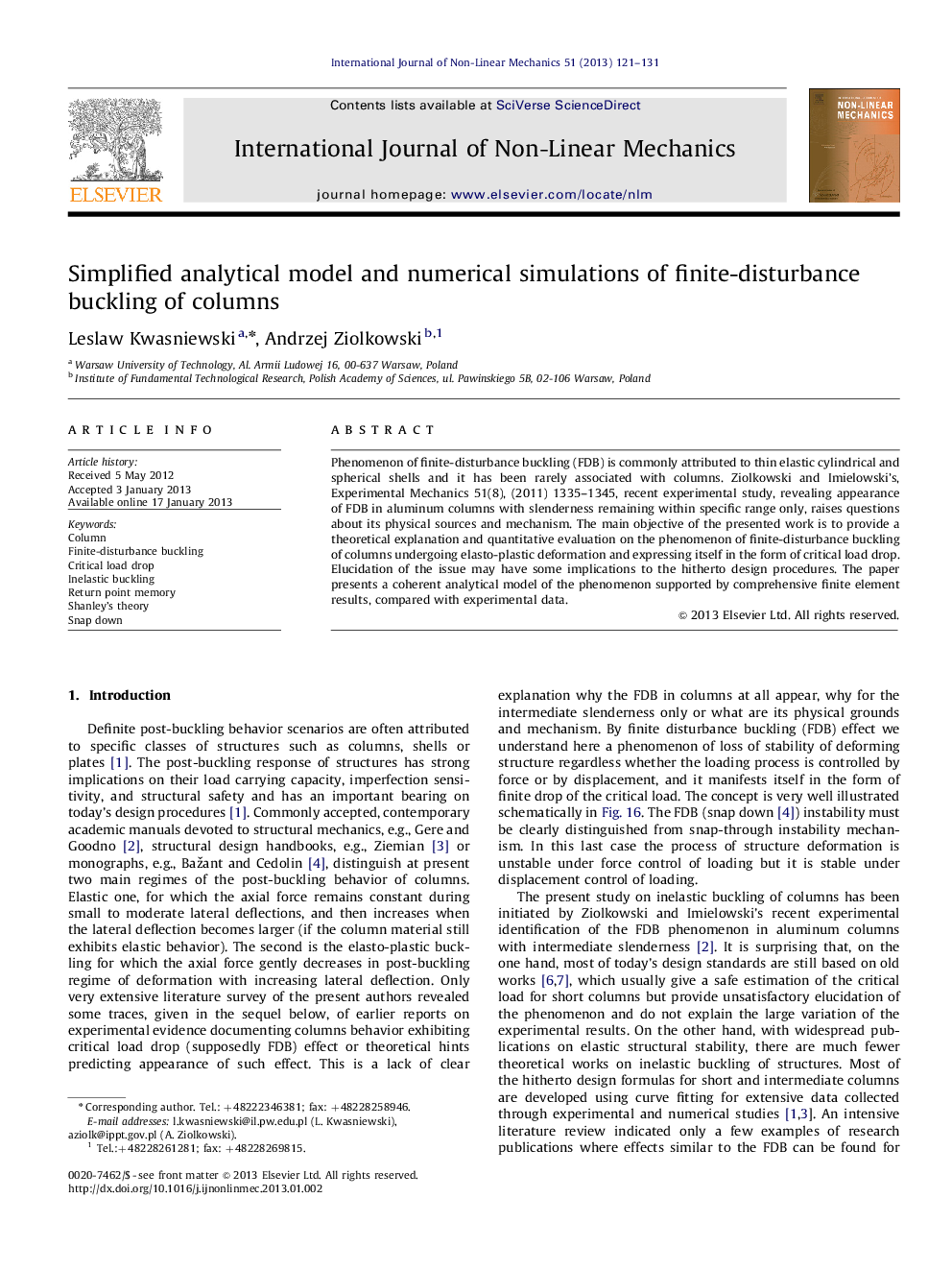 Simplified analytical model and numerical simulations of finite-disturbance buckling of columns