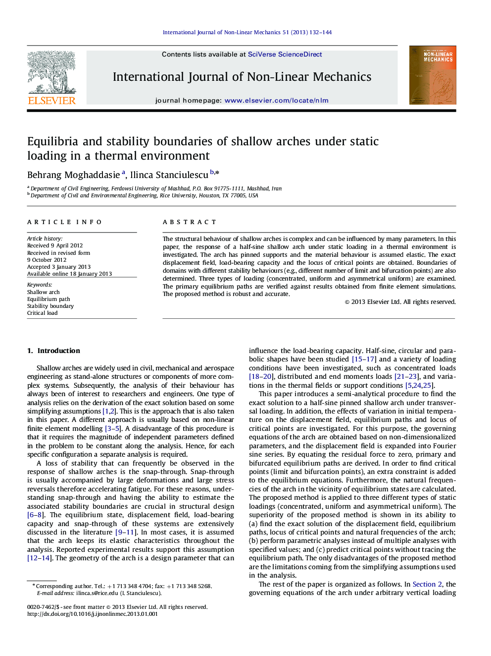 Equilibria and stability boundaries of shallow arches under static loading in a thermal environment