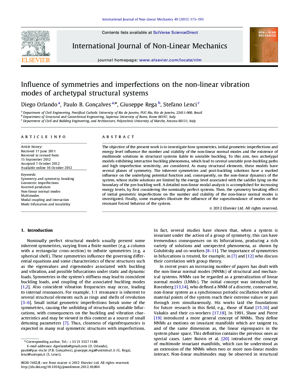 Influence of symmetries and imperfections on the non-linear vibration modes of archetypal structural systems