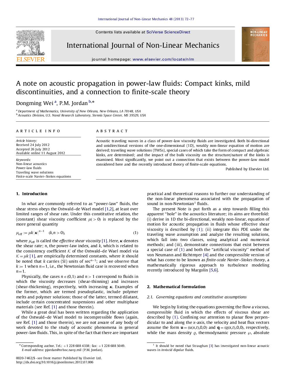 A note on acoustic propagation in power-law fluids: Compact kinks, mild discontinuities, and a connection to finite-scale theory