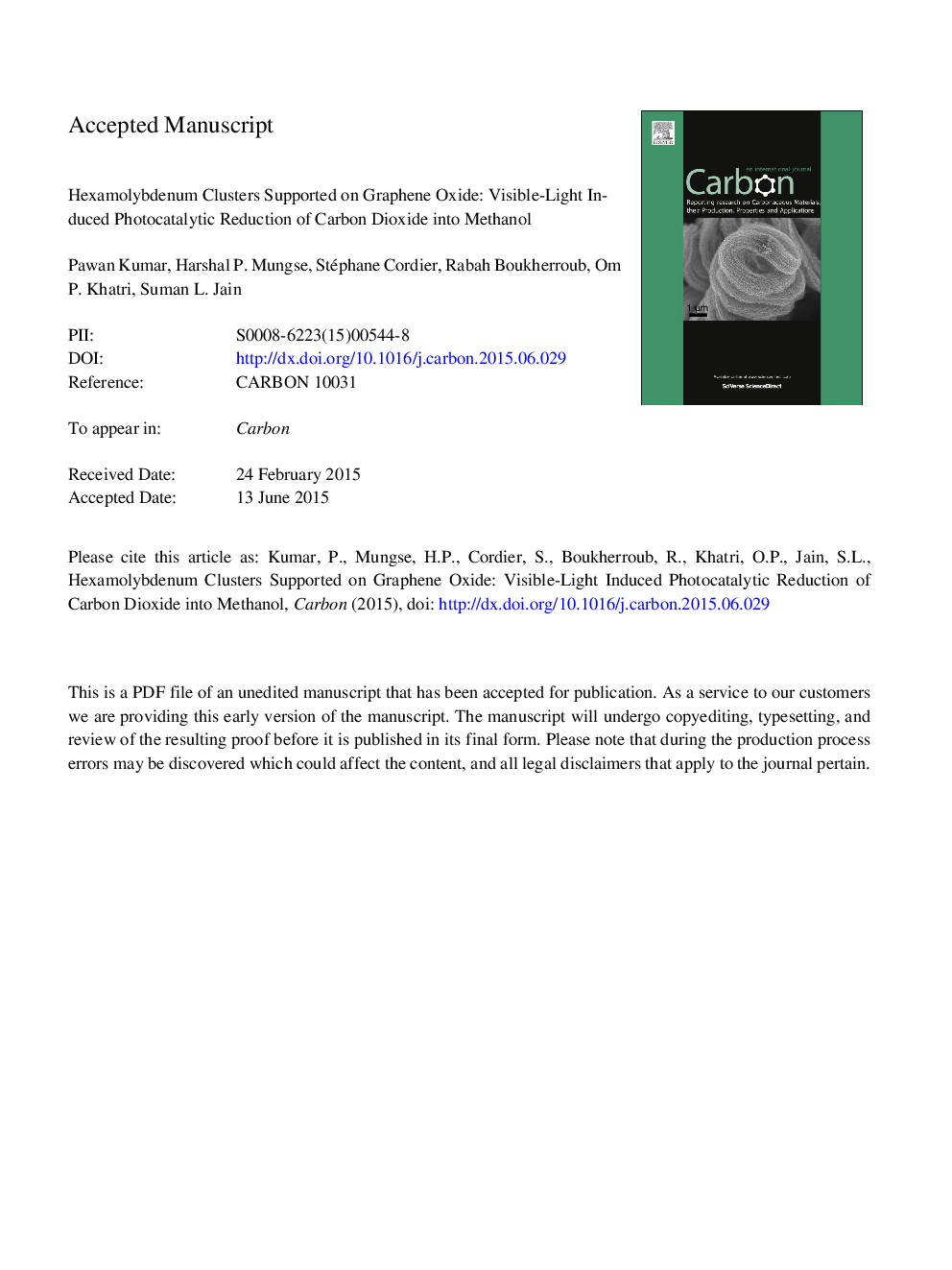 Hexamolybdenum clusters supported on graphene oxide: Visible-light induced photocatalytic reduction of carbon dioxide into methanol