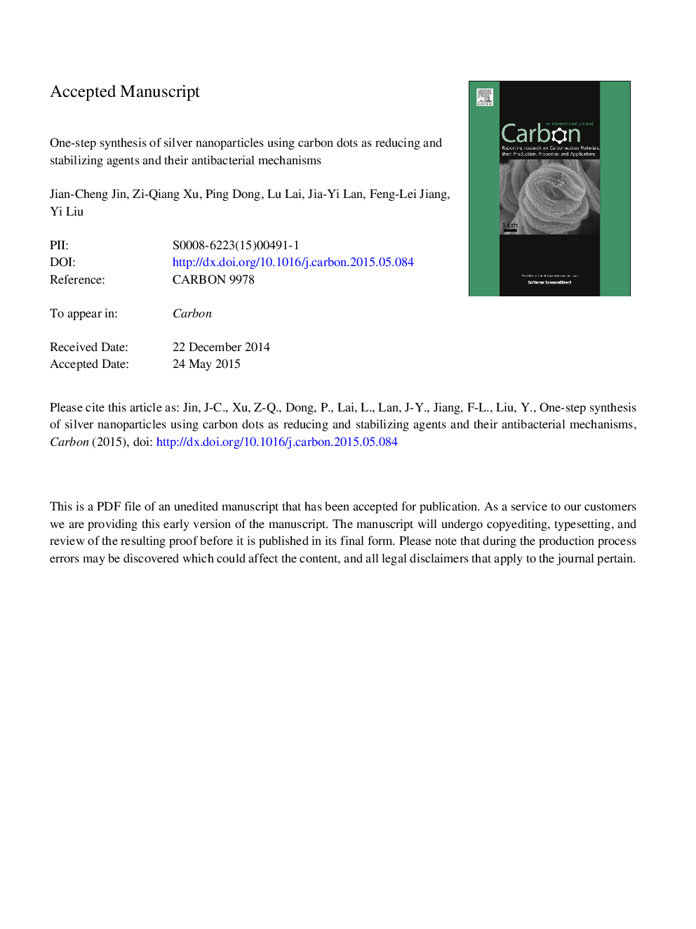 One-step synthesis of silver nanoparticles using carbon dots as reducing and stabilizing agents and their antibacterial mechanisms