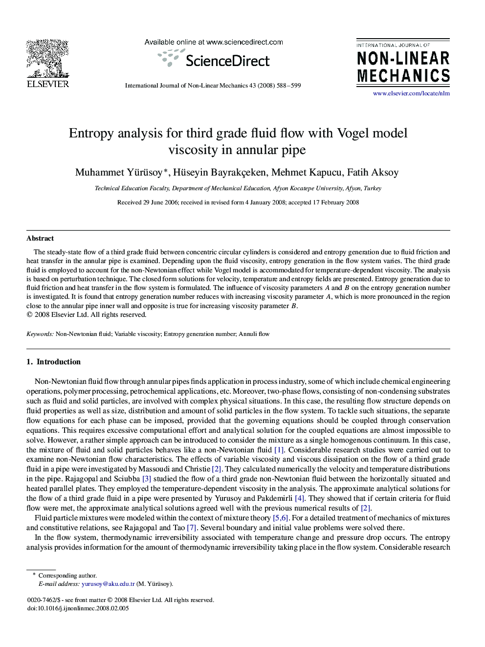 Entropy analysis for third grade fluid flow with Vogel model viscosity in annular pipe