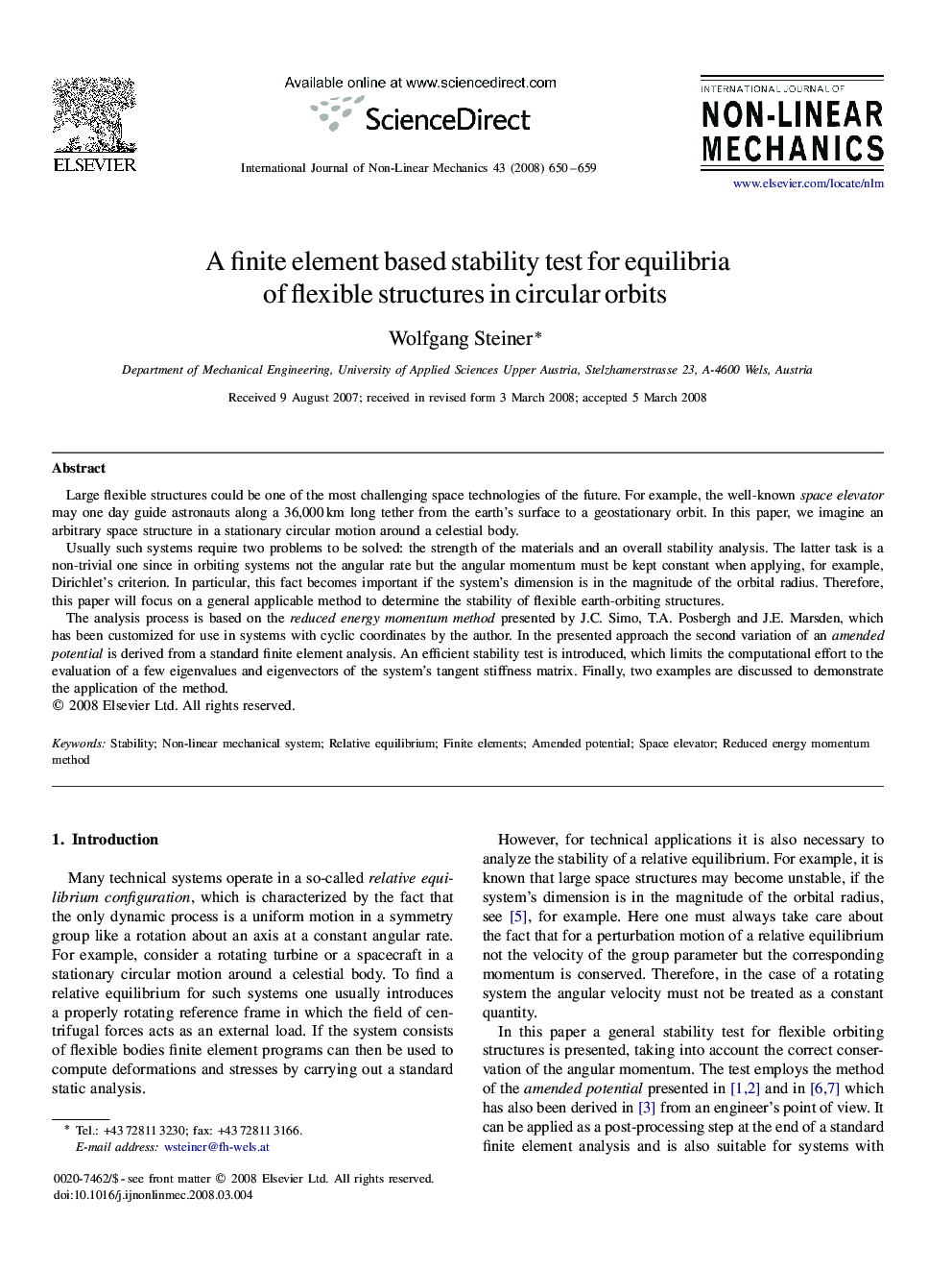 A finite element based stability test for equilibria of flexible structures in circular orbits