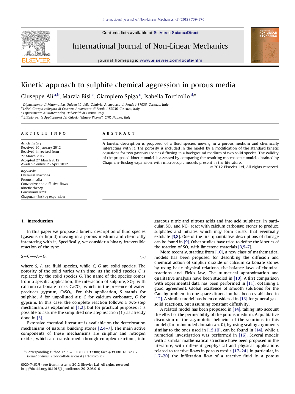 Kinetic approach to sulphite chemical aggression in porous media