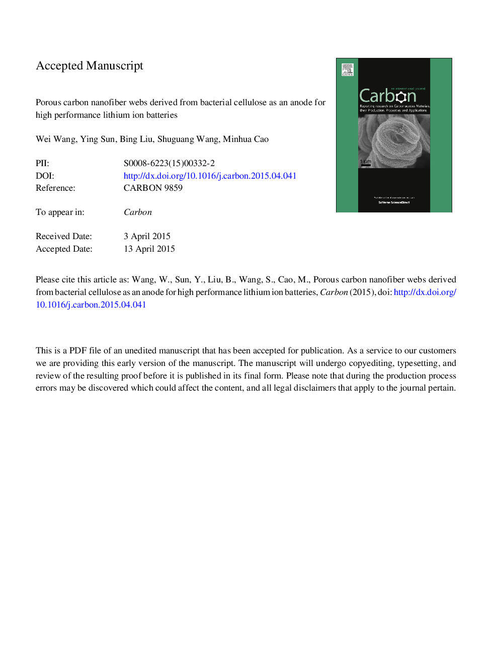 Porous carbon nanofiber webs derived from bacterial cellulose as an anode for high performance lithium ion batteries