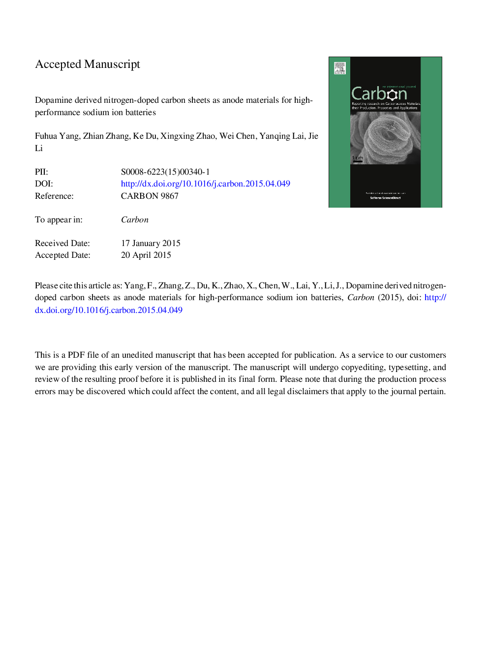 Dopamine derived nitrogen-doped carbon sheets as anode materials for high-performance sodium ion batteries