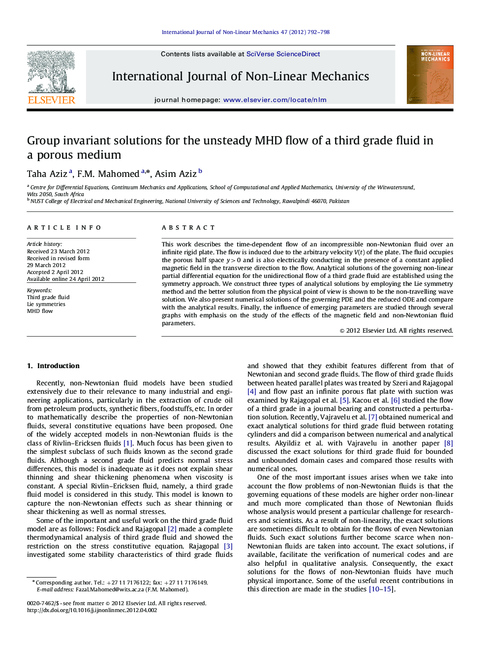 Group invariant solutions for the unsteady MHD flow of a third grade fluid in a porous medium