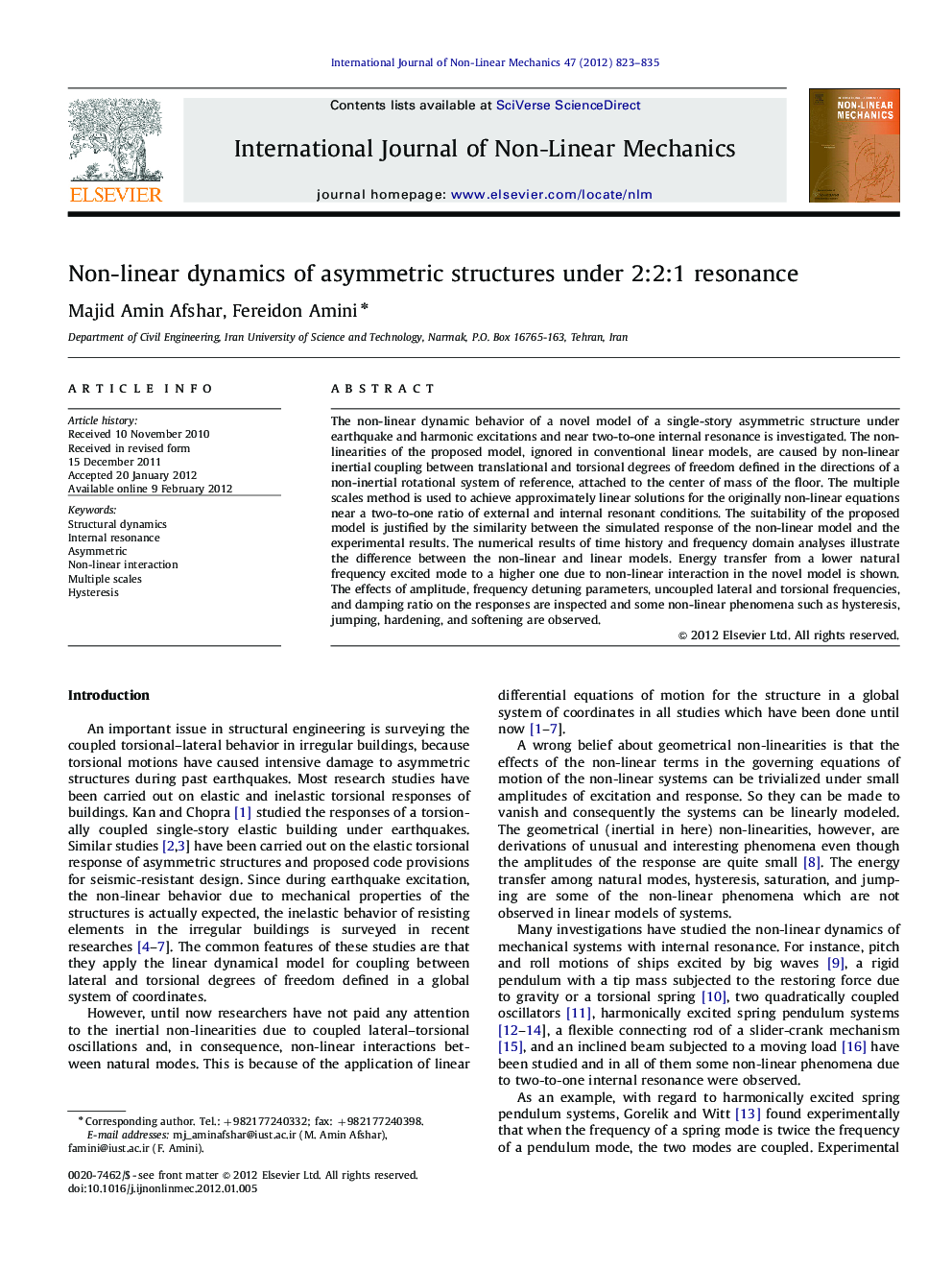 Non-linear dynamics of asymmetric structures under 2:2:1 resonance