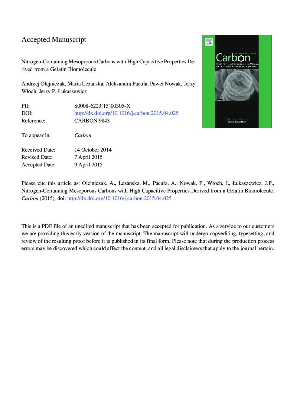 Nitrogen-containing mesoporous carbons with high capacitive properties derived from a gelatin biomolecule