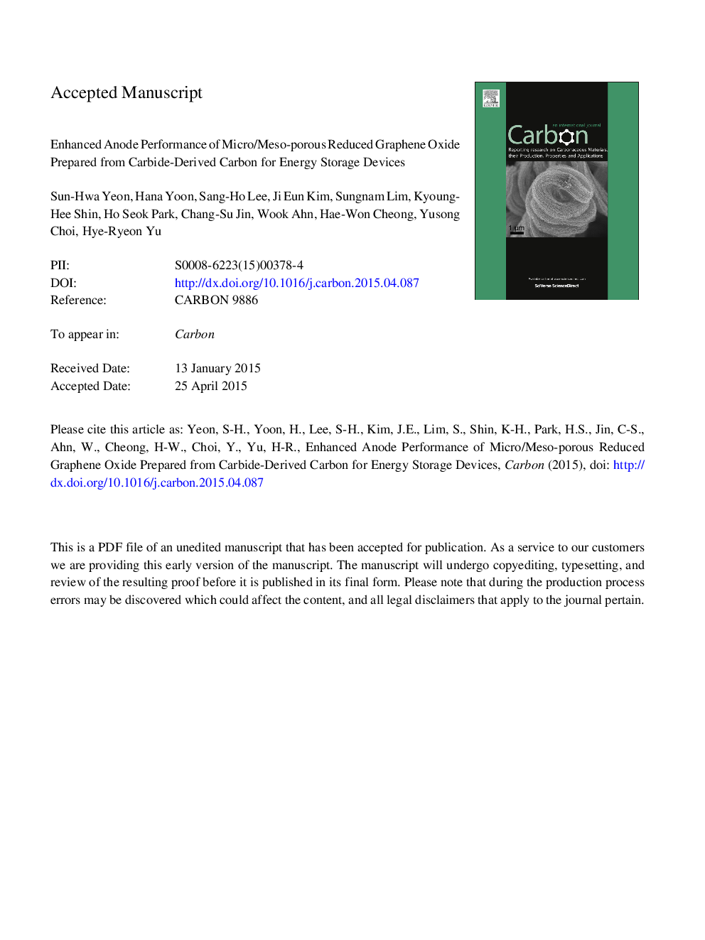 Enhanced anode performance of micro/meso-porous reduced graphene oxide prepared from carbide-derived carbon for energy storage devices