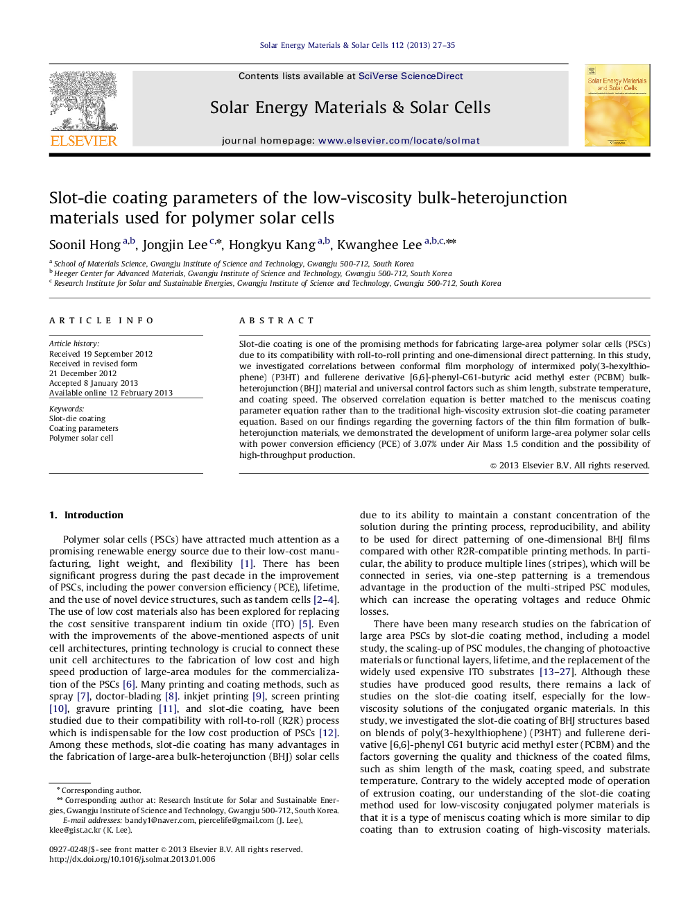 Slot-die coating parameters of the low-viscosity bulk-heterojunction materials used for polymer solarcells