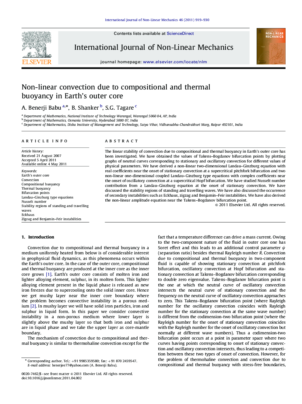 Non-linear convection due to compositional and thermal buoyancy in Earth's outer core