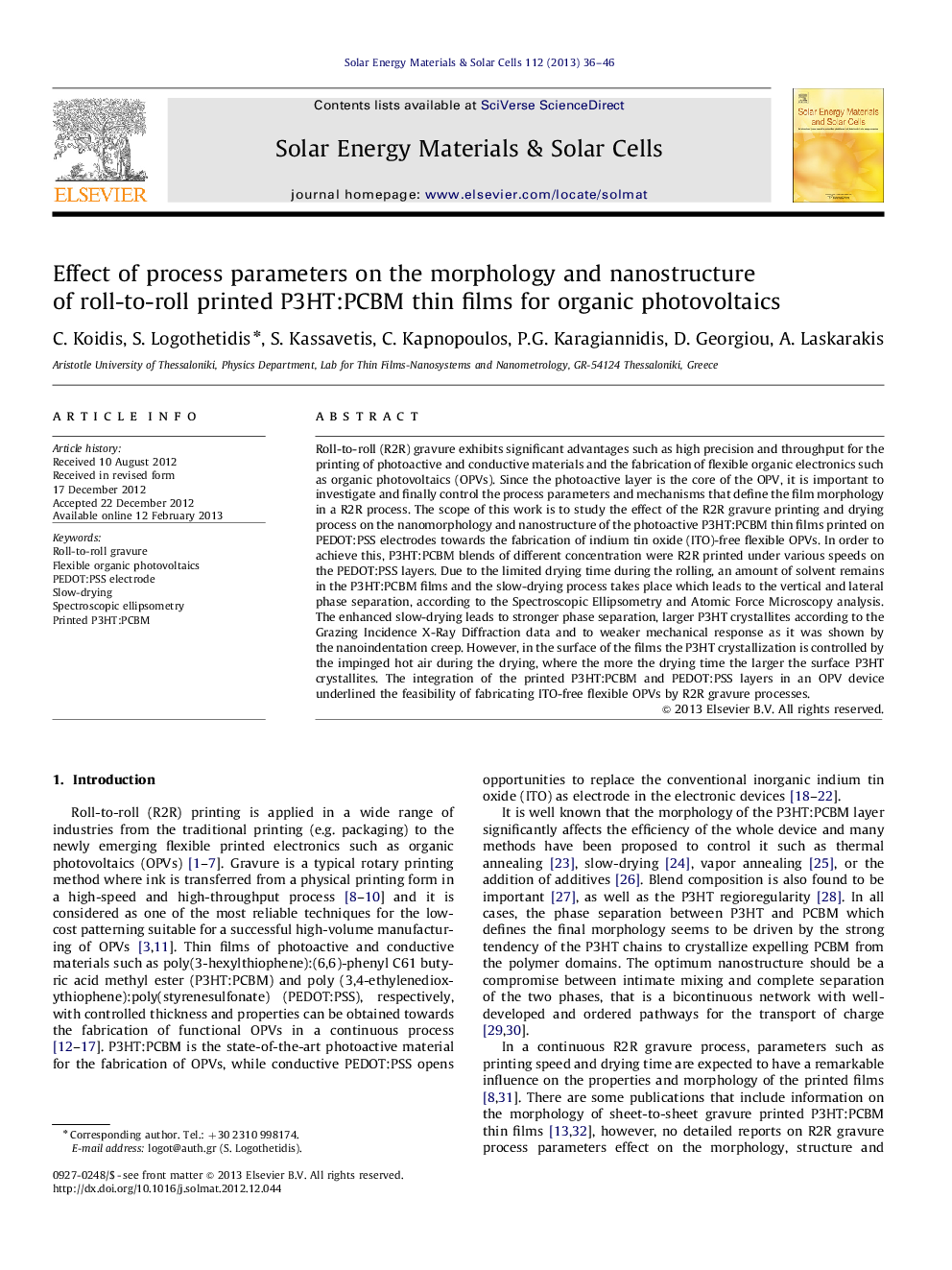 Effect of process parameters on the morphology and nanostructure of roll-to-roll printed P3HT:PCBM thin films for organic photovoltaics